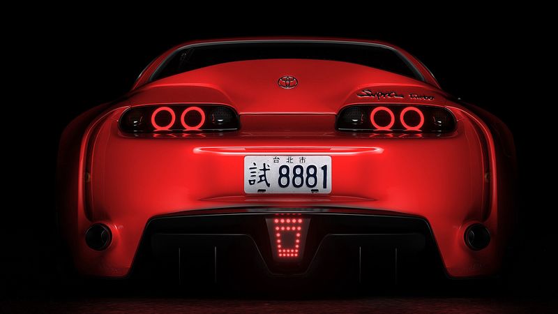 toyota supra, toyota, sportscar, red, rear view, dark, backlight, 4k