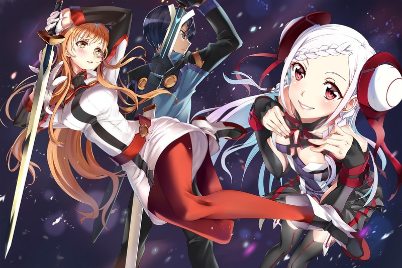 Yuuki Asuna, Kirigaya Kazuto, sword, Sword Art Online, thigh-highs, Yuna (Sword Art Onilne)