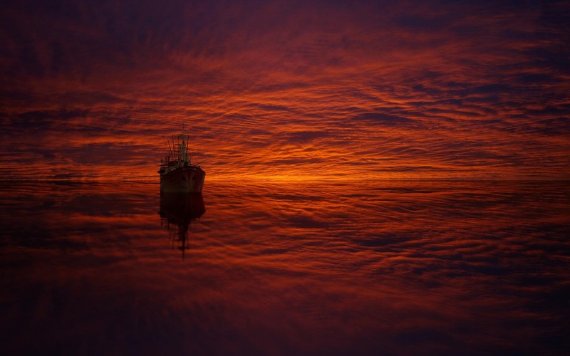 ship, sea, sunset, retouching, digital art