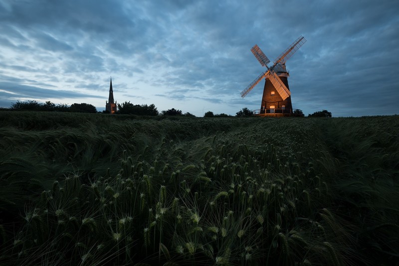 windmill, landscape, sky, field, calm, clouds, blue