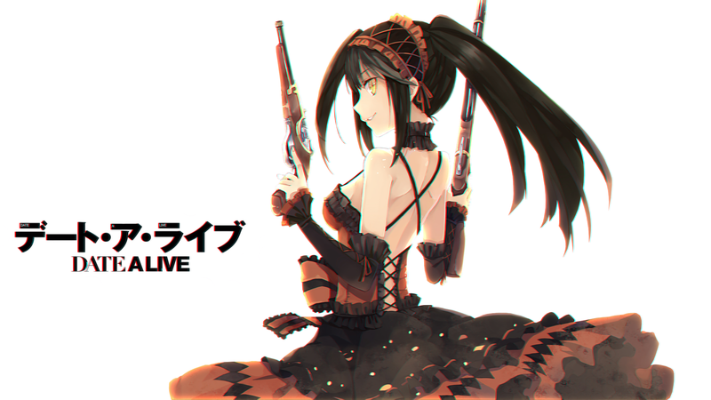 Date A Live, anime girls, Tokisaki Kurumi, 2D, yellow eyes, black hair, small boobs, black dress, girls with guns, twintails, long hair, no bra, simple background, smiling, gothic lolita