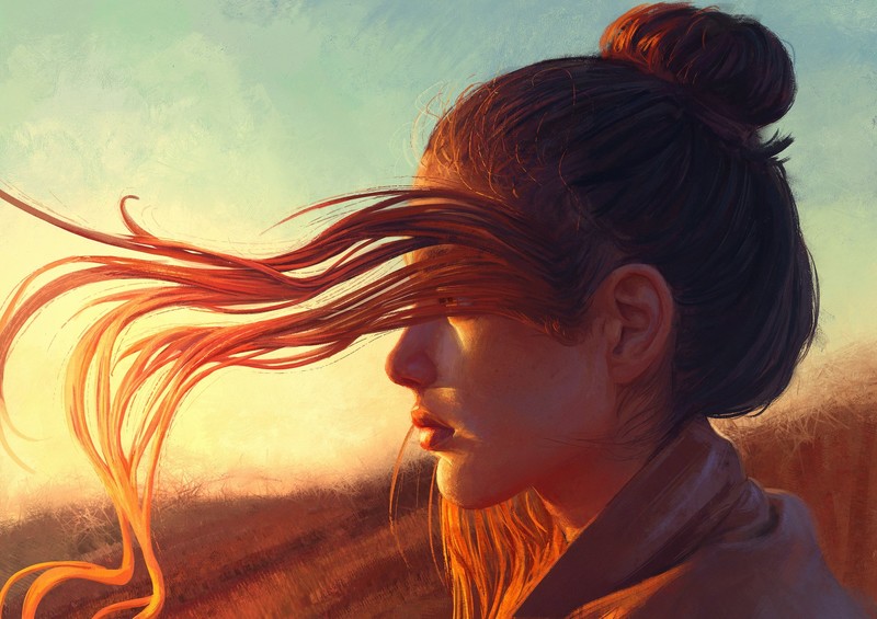 artwork, long hair, sunset, redhead, drawing
