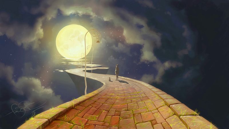 silhouettes, path, art, moon, night, lights, 4k