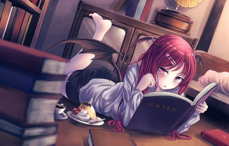 books, cake, food, Koakuma, long hair, redhead, Touhou, wings, demon