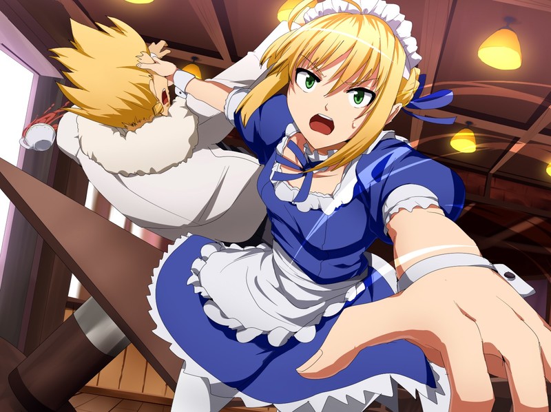 Fate Series, Fate/Stay Night, Carnival Phantasm, Saber, Gilgamesh, Arturia Pendragon, small boobs, anime girls, anime boys, green eyes, blond hair, maid outfit, 2D, fan art, white pantyhose