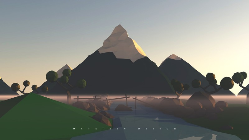 landscape, mountains, river, water, fence, stones, digital art, clear sky, sunset, mist, snowy peak, trees, 3D, low poly, Matrizen Design