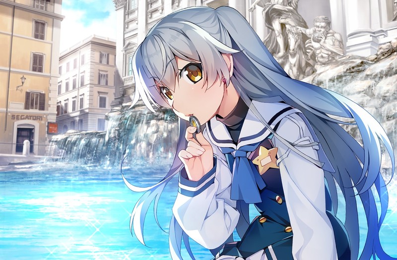 building, city, gray hair, Grisaia Phantom Trigger, long hair, school uniform, water, yellow eyes