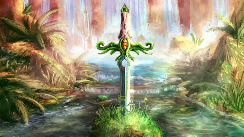 video games, plants, sword, mountains, water, river, grass, painting, Secret of Mana