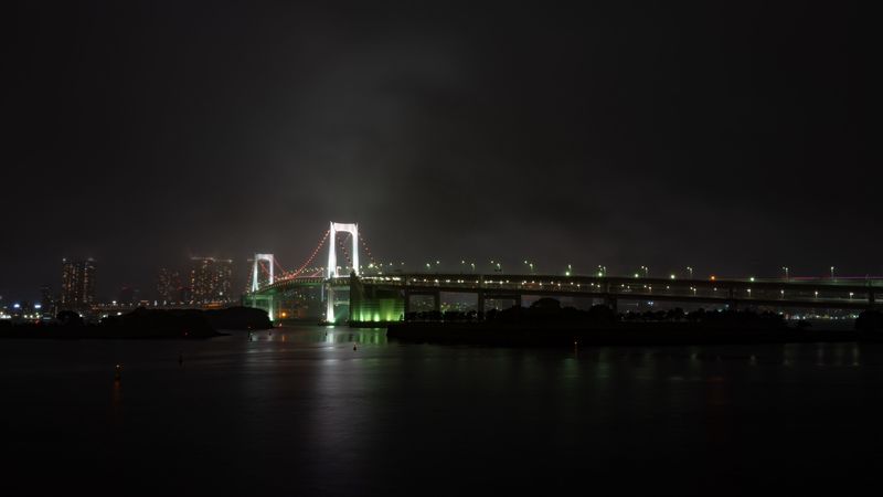 bridge, river, backlight, night city, fog, 4k