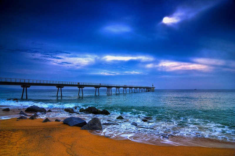 sea, waves, pier, rocks, shore