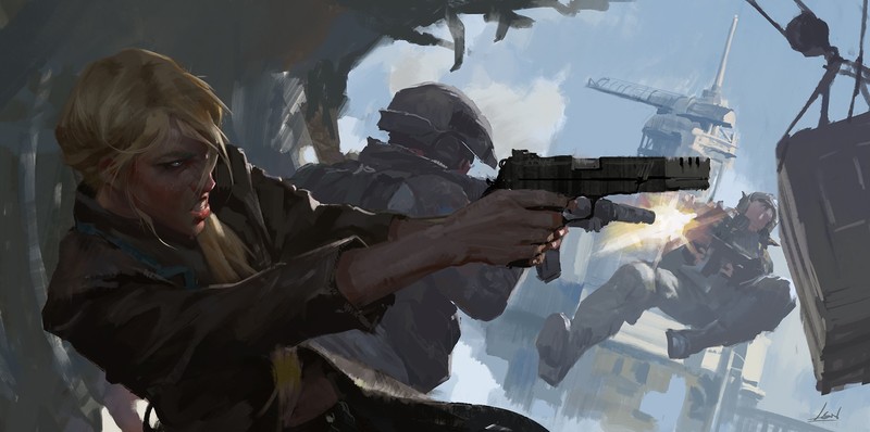 futuristic, fantasy art, gun, girls with guns