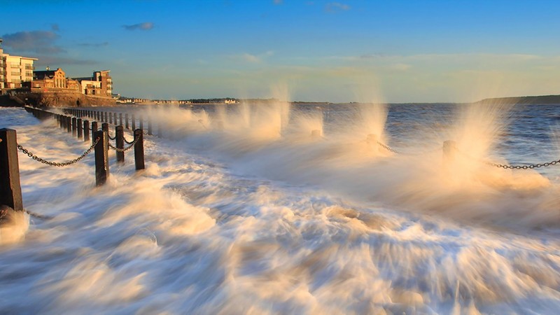 cityscape, sea, waves, horizon, sunset