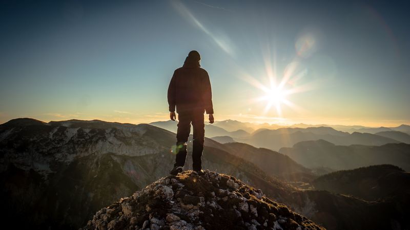 silhouette, mountains, sunlight, peaks, dawn, glare, 4k