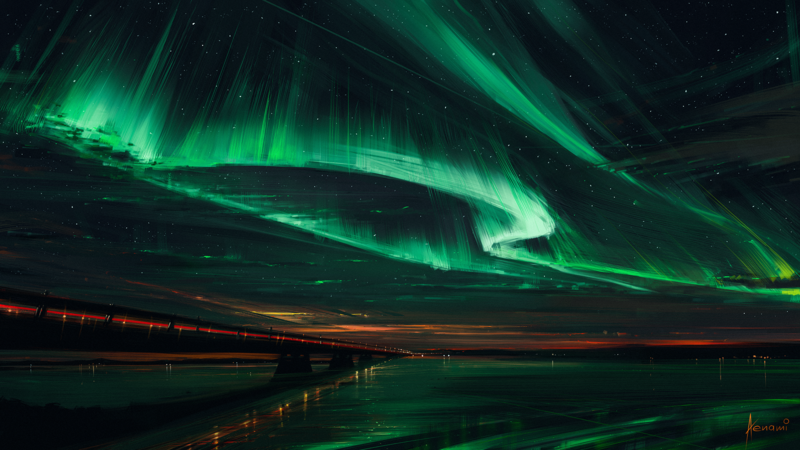 digital art, aurorae, Aenami, artwork, green, bridge, stars