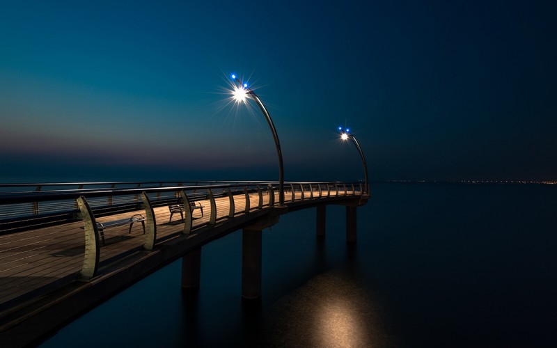 pier, lights, sea, dark