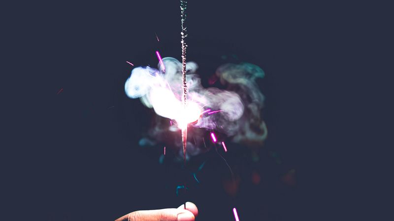 sparkler, spark, smoke, hand, dark, 4k