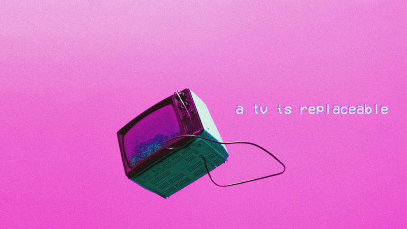vaporwave, pink background, TV, depressing