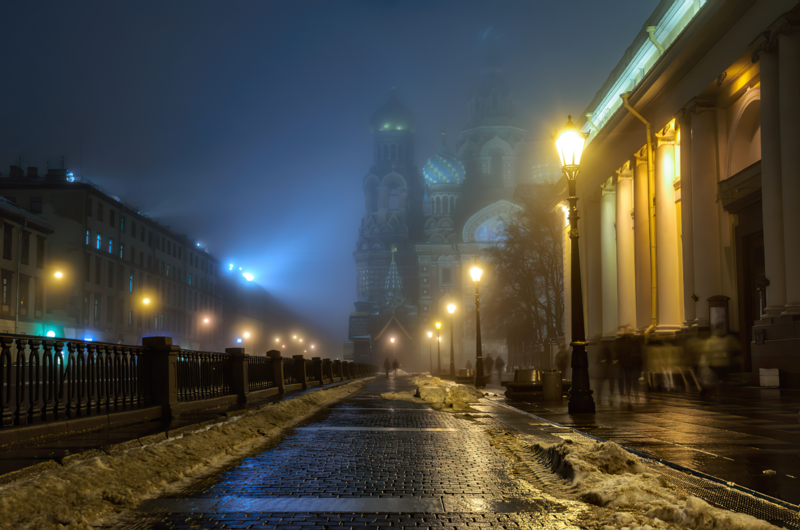Russia, St. Petersburg, mist, people, street light, building, temple, photography, city, snow