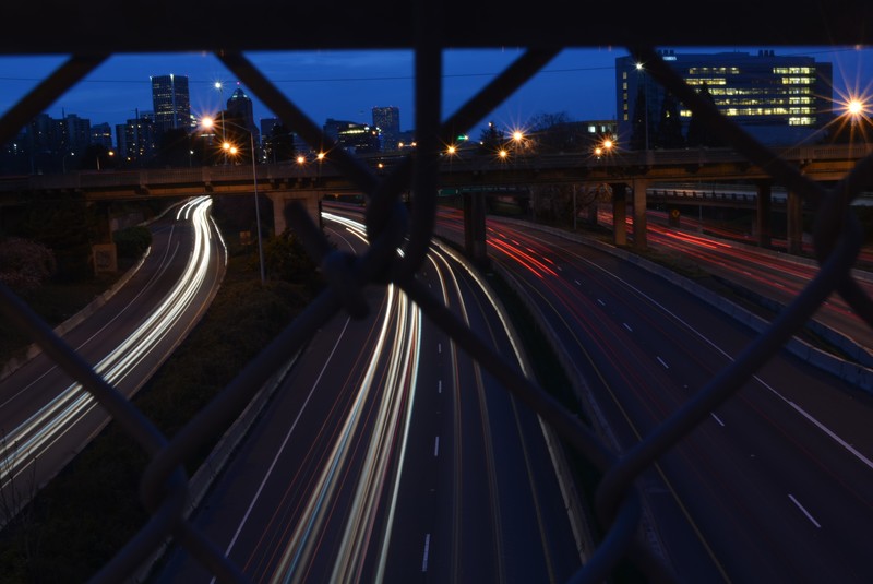 light trails, fence, night, dark, road, bridge, street light, building, photography