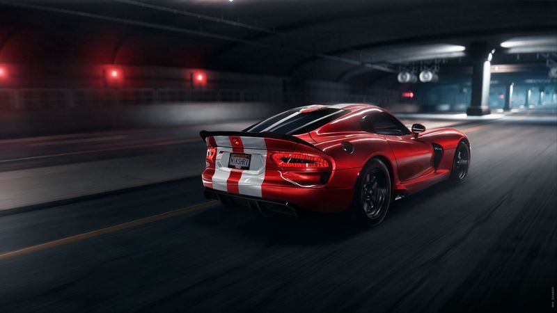 dodge viper srt, dodge, sportscar, red, side view, night, tunnel, asphalt, 4k