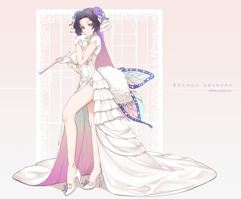 Kochou Shinobu, multi-colored hair, dress, gloves, purple eyes, thighs, Kimetsu no Yaiba, Dishwasher1910, anime