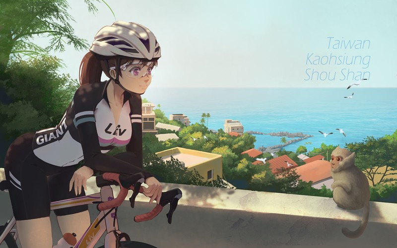 Bike shorts, bicycle, brunette, water, sky, shorts, purple eyes, hat, city, building