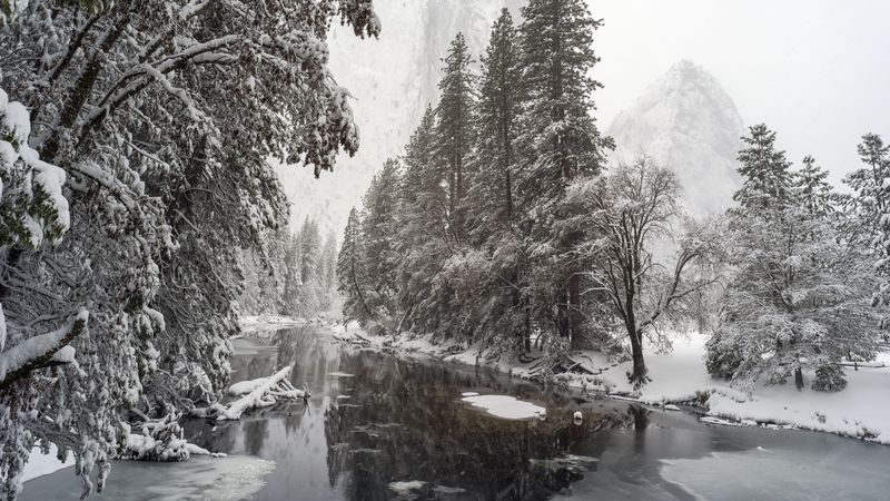 river, trees, snow, mountains, landscape, winter, 4k