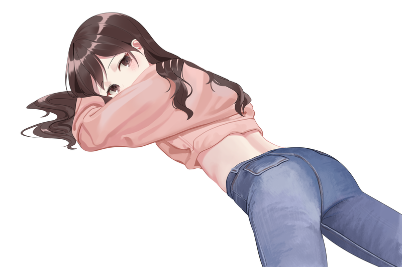 brunette, brown eyes, long hair, jeans, white, blush, anime