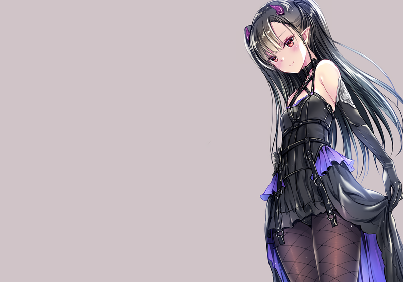 black hair, long hair, cameltoe, demon girl, pointed ears, dress, elbow gloves, gloves, horns, red eyes, twintails, skirt lifting, anime