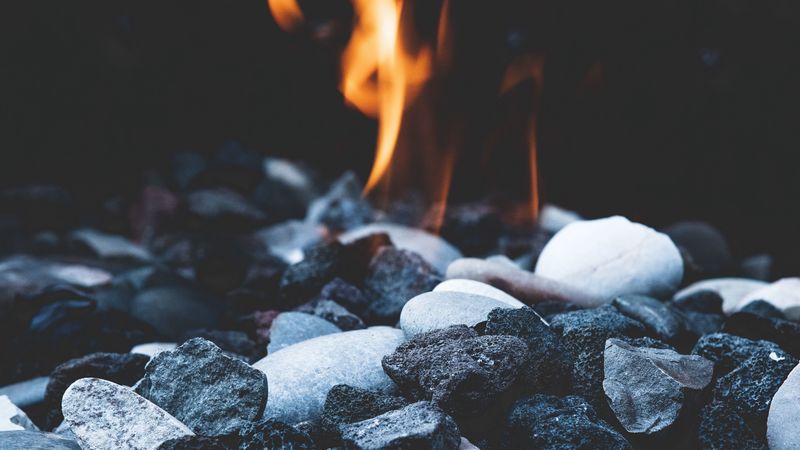 stones, fire, flame, burn, 4k