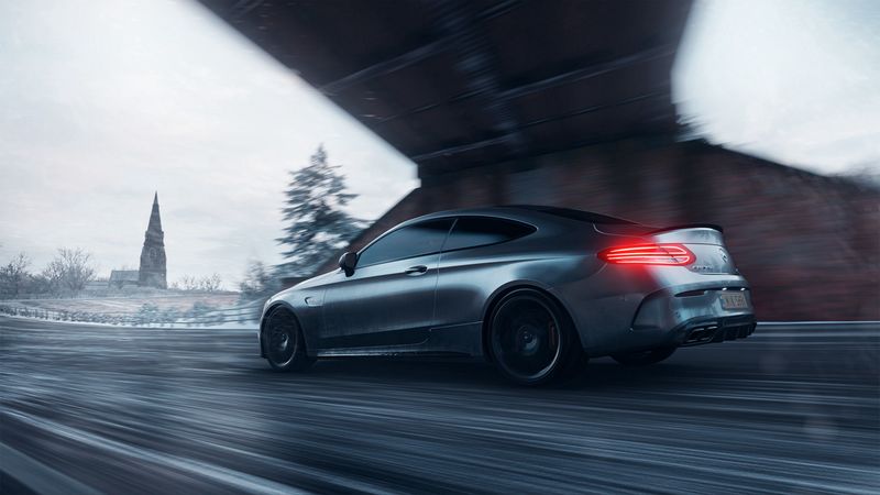 mercedes amg c63s, mercedes, sportscar, gray, side view, track, speed, 4k