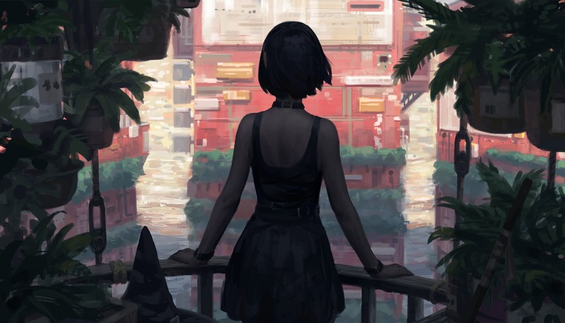 women, original characters, black hair, back, behind, dress, choker, witch hat, plants, balcony, building, concept art, 2D, artwork, drawing, digital art, illustration, GUWEIZ, Z.W. Gu