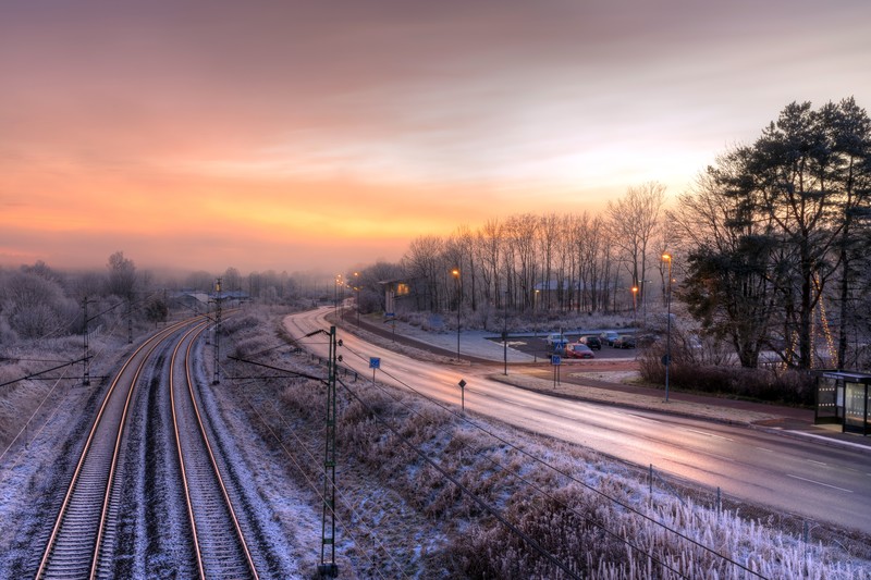 winter, snow, train, road, trees, sunset, sky, sunlight, dappled sunlight, nature, photography, street light, bus stop, car, signs