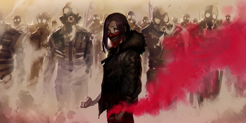 portrait display, riot, fictional characters, gas masks