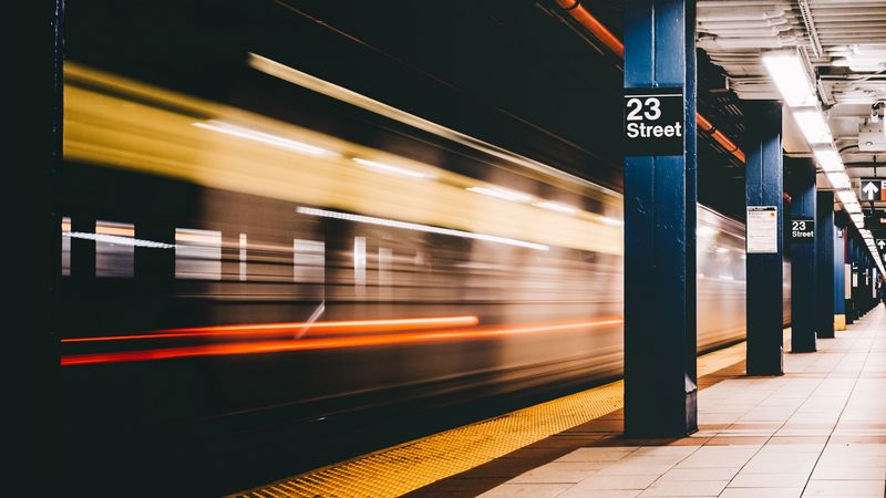 subway, station, underground, train, columns, lights, 4k