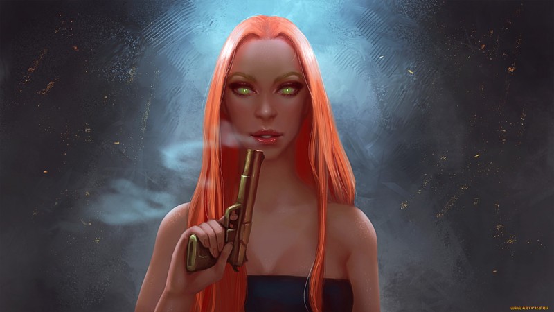 women, redhead, gun, weapon, artwork, green eyes, drawing, fictional character