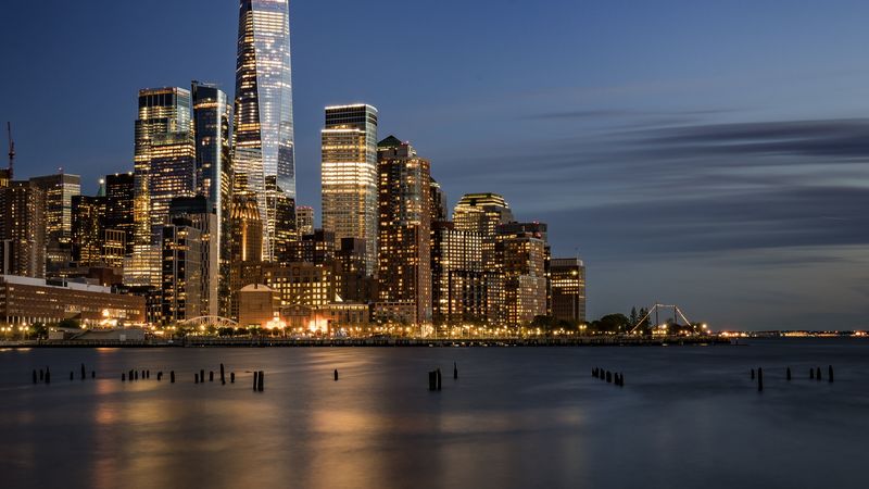 city, sea, coast, night, lights, reflection, 4k