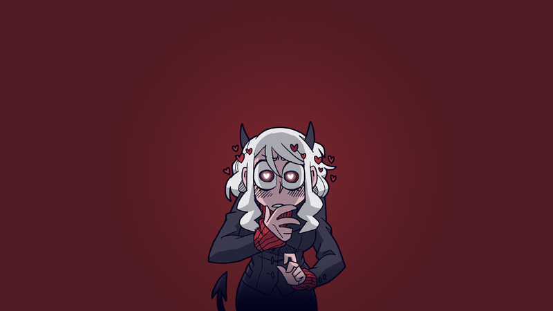 Helltaker, demon girl, demon girls, anime, anime girls, horns, blond hair, red eyes, heart eyes, business suit, tail, blushing