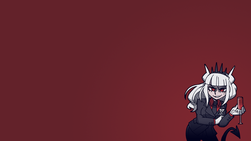 Helltaker, demon girl, demon girls, red eyes, crown, business suit, tie, white gloves, wine glass, tail, simple background, anime, anime girls