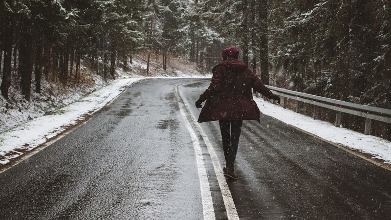 road, silhouette, trees, turn, snow, asphalt, wet, 4k
