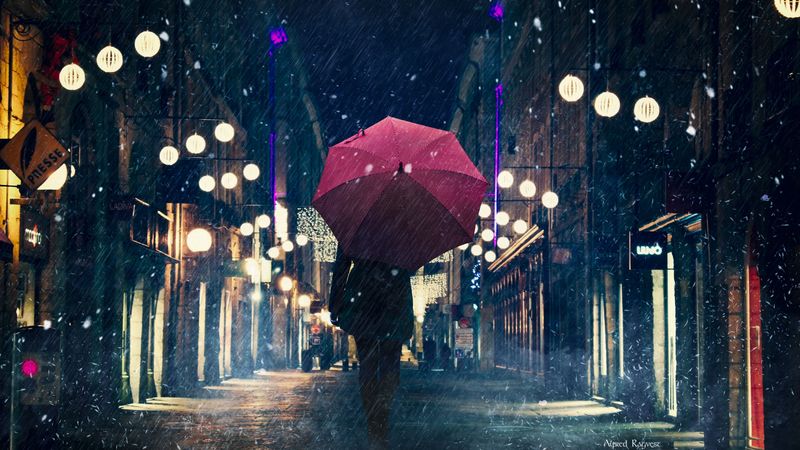 silhouette, umbrella, night city, rain, street, city lights, 4k