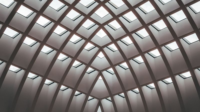architecture, interior, mesh, holes, light, symmetry, 4k