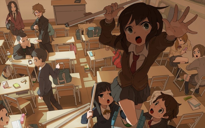 room, school uniform, classroom, desk, anime boys, anime girls, anime
