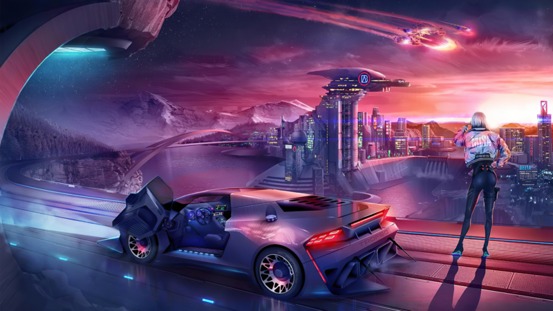 cyberpunk, car, neon, digital art