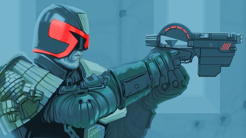 comic books, Judge Dredd, weapon, science fiction, helmet, cyan