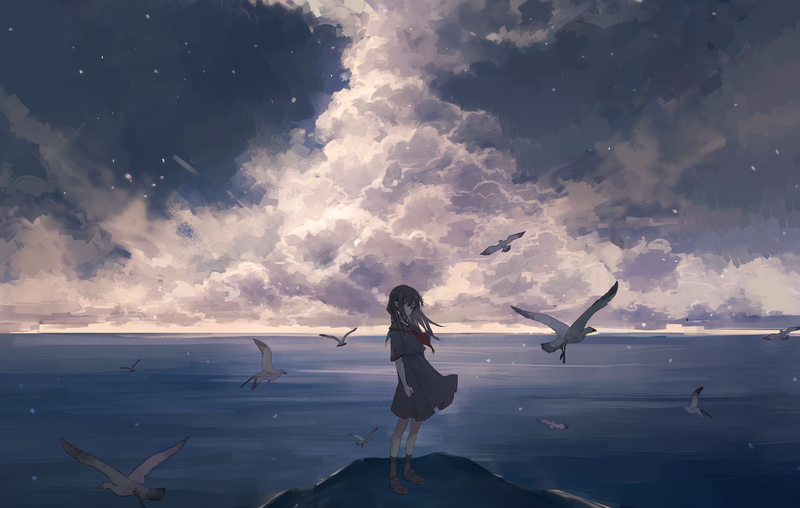 anime, anime girls, artwork, portrait, landscape, skyscape