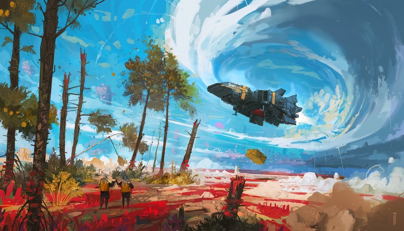 Seven-teenth, concept art, painting, nature, futuristic, landscape, winter, snow, ship, clouds, trees, men