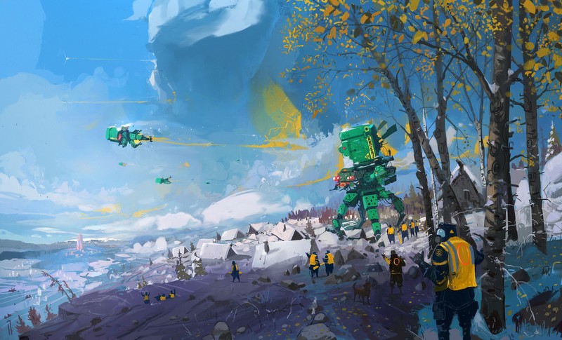 Seven-teenth, concept art, painting, nature, futuristic, landscape, winter, snow, ship, clouds, trees, robot, men, city