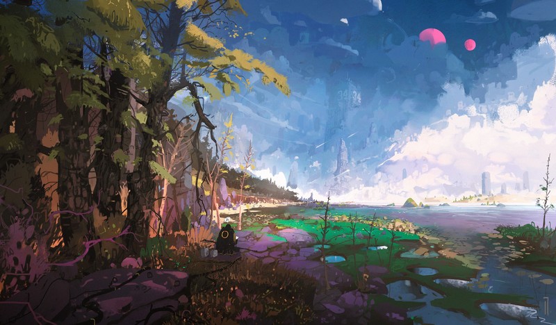 Seven-teenth, concept art, painting, nature, futuristic, landscape, winter, snow, clouds, trees, men, city