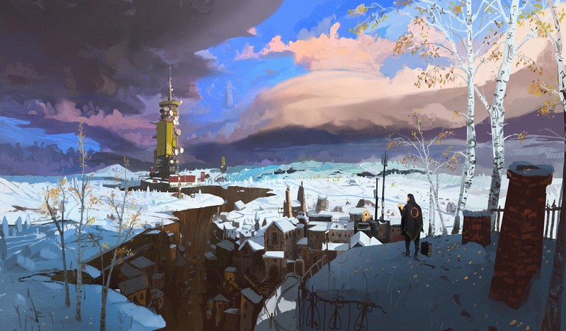 Seven-teenth, concept art, painting, nature, futuristic, landscape, winter, snow, clouds, trees, men, city